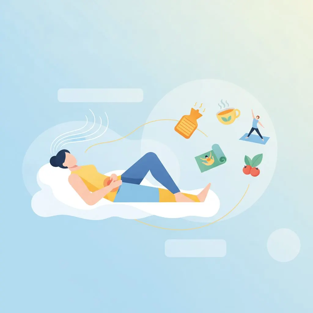 A wide shot of a woman in comfortable, loose clothing, sitting on a sofa with a warm blanket draped over her and a hot water bottle placed on her lower abdomen,