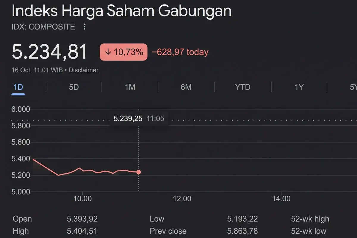 Tangkapan layar Google Finance yang memperlihatkan Indeks Harga Saham Gabungan (IHSG) pada Jumat (16/10/2026).