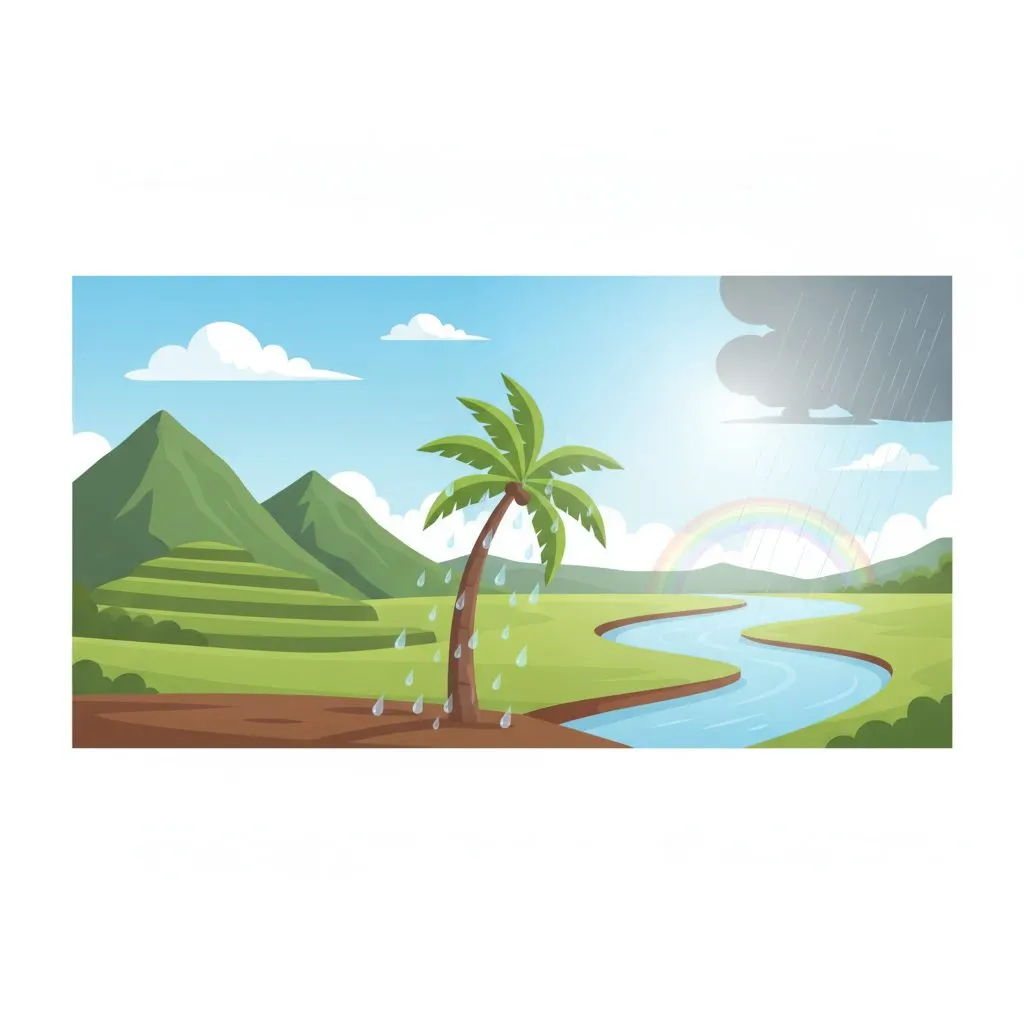 Wide shot of a serene landscape in Papua, Indonesia, with a clear sky and scattered clouds. A lone traditional boat is visible on a calm river or coastline, or
