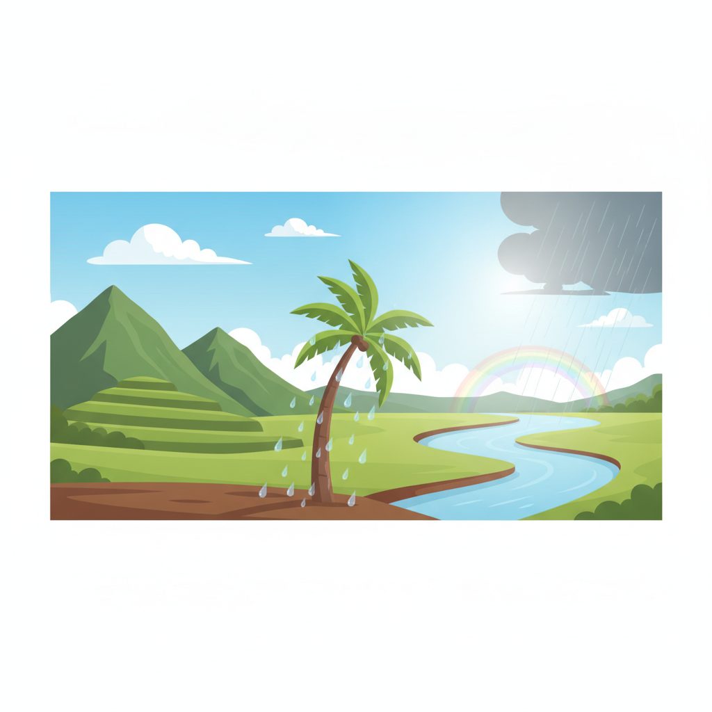 Wide shot of a serene landscape in Papua, Indonesia, with a clear sky and scattered clouds. A lone traditional boat is visible on a calm river or coastline, or